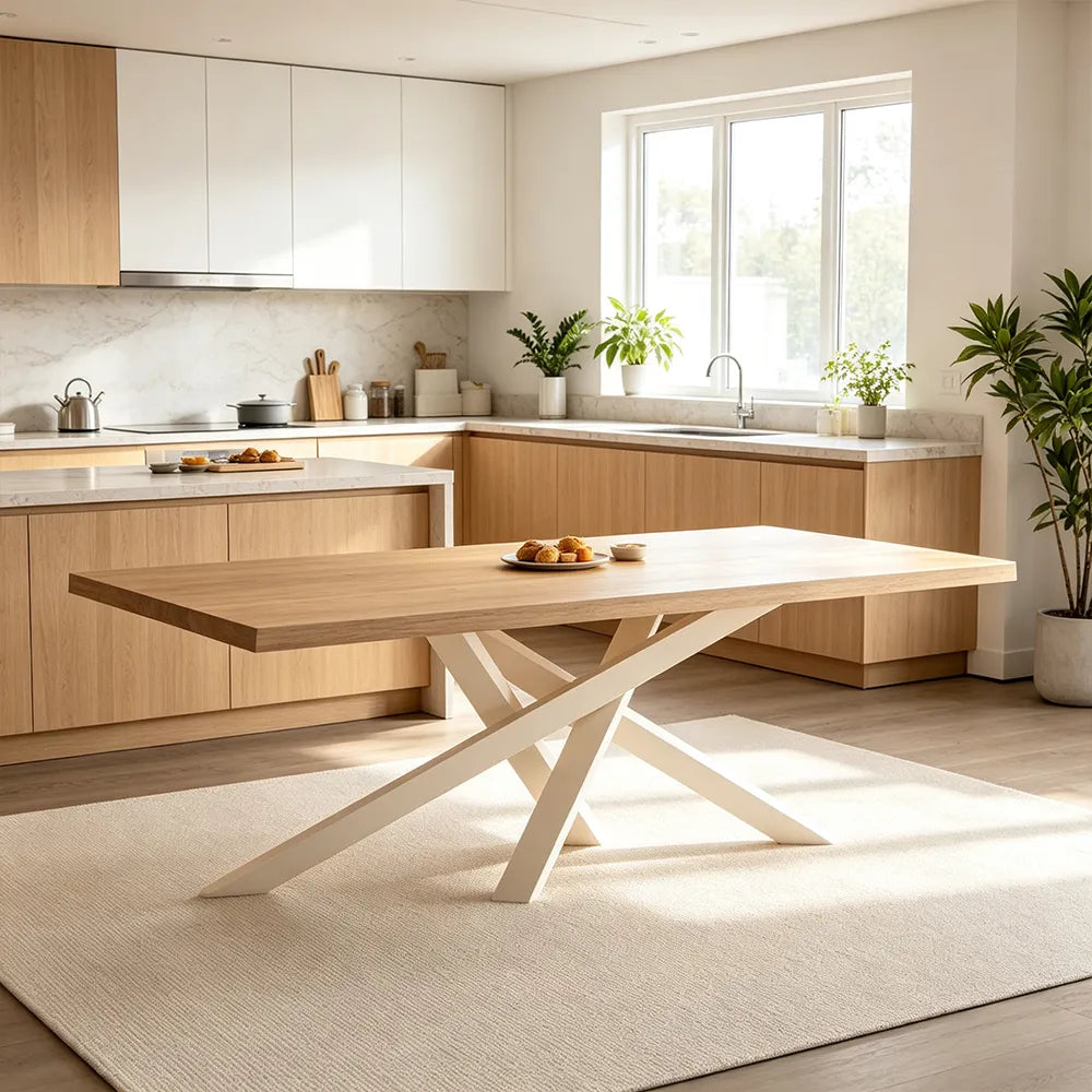 LIVARA Modern Rectangular Solid Wood Dining Table Thick Top Crossed Metal Legs 160x70x75cm for Dining Room Office - Wood & White