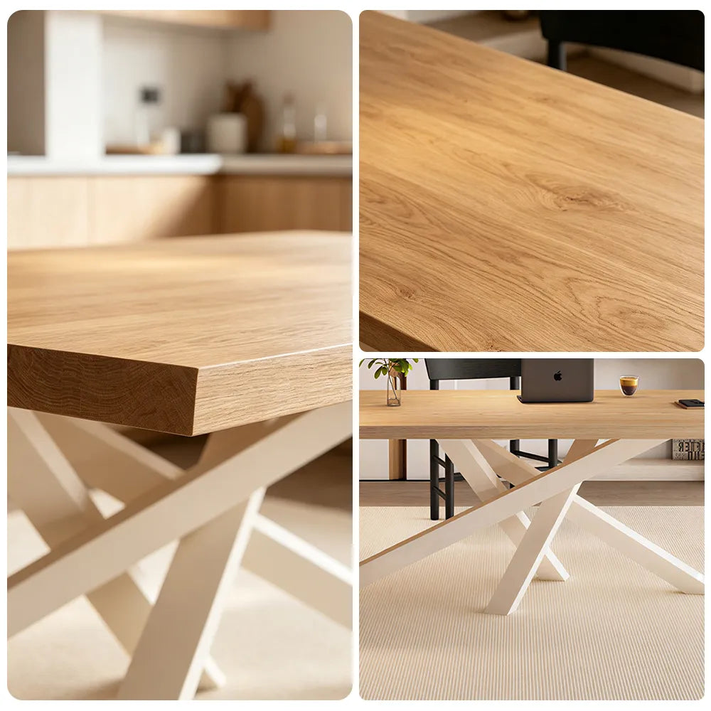 LIVARA Modern Rectangular Solid Wood Dining Table Thick Top Crossed Metal Legs 160x70x75cm for Dining Room Office - Wood & White