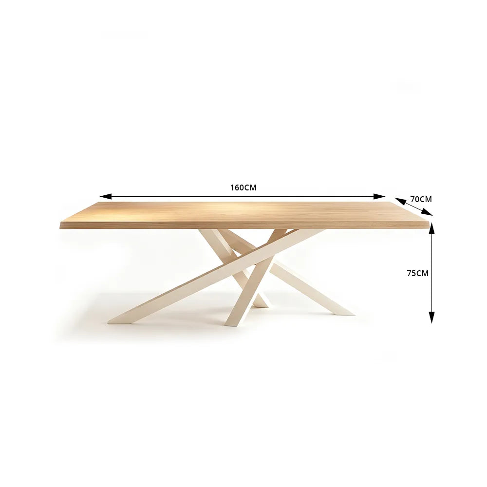 LIVARA Modern Rectangular Solid Wood Dining Table Thick Top Crossed Metal Legs 160x70x75cm for Dining Room Office - Wood & White