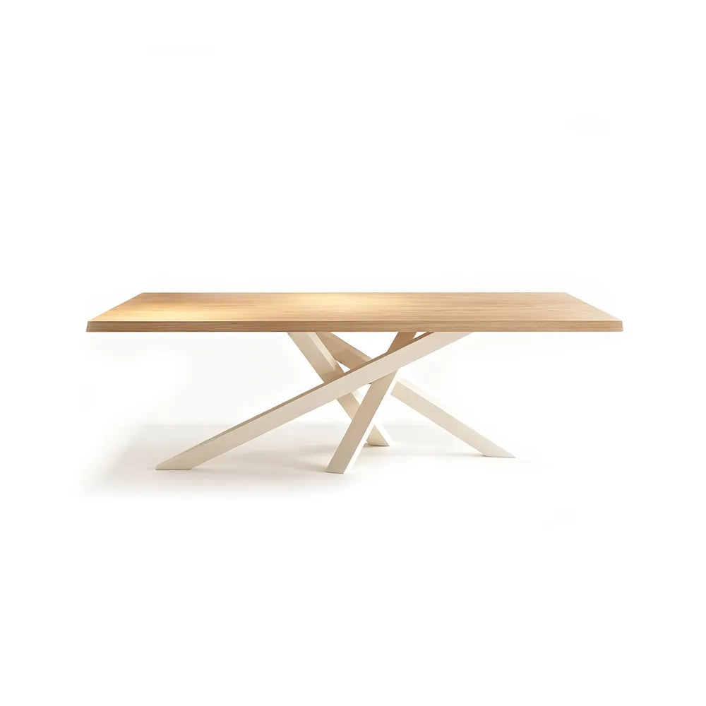 LIVARA Modern Rectangular Solid Wood Dining Table Thick Top Crossed Metal Legs 160x70x75cm for Dining Room Office - Wood & White