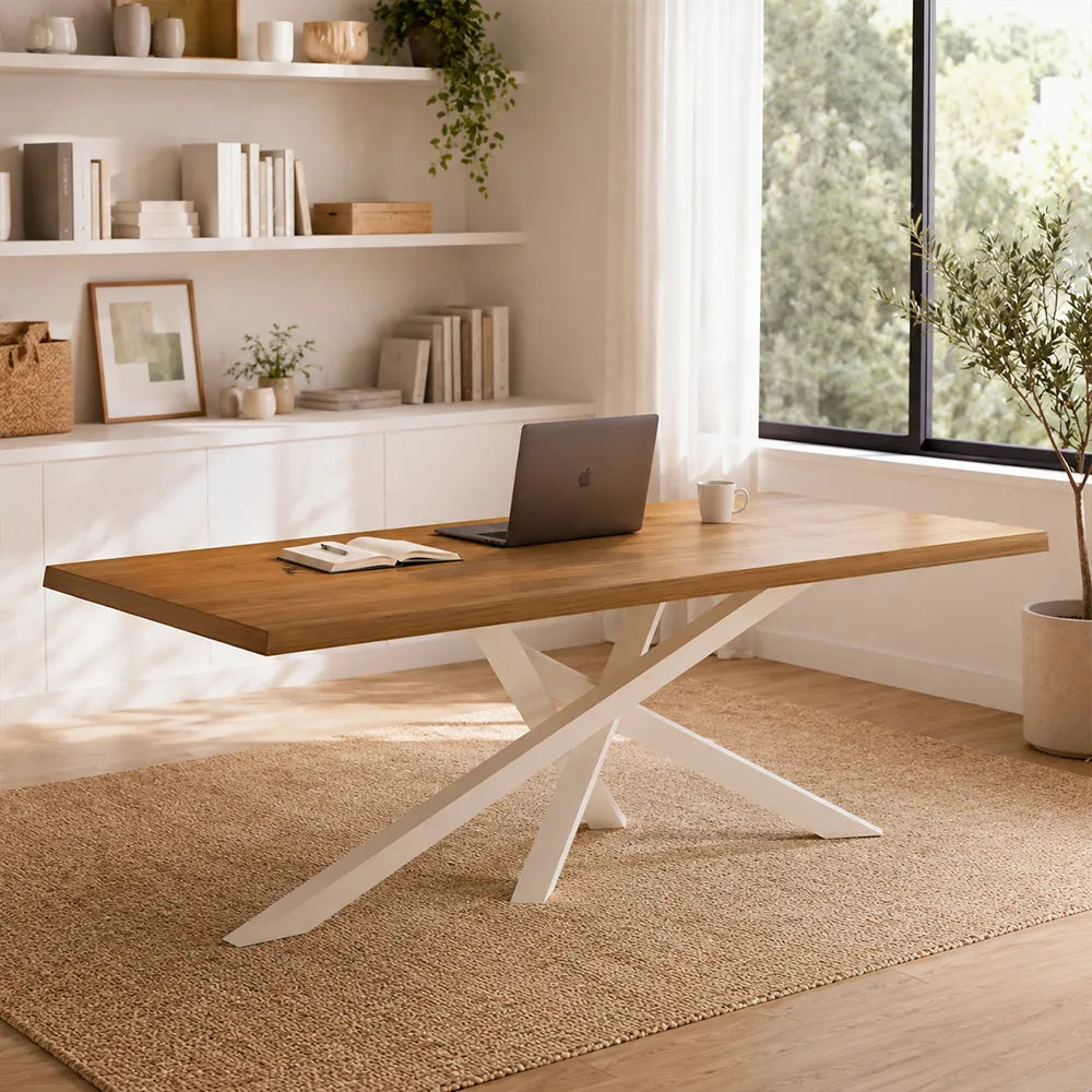 LIVARA Modern Rectangular Solid Wood Dining Table Thick Top Crossed Metal Legs 160x70x75cm for Dining Room Office - Walnut & White