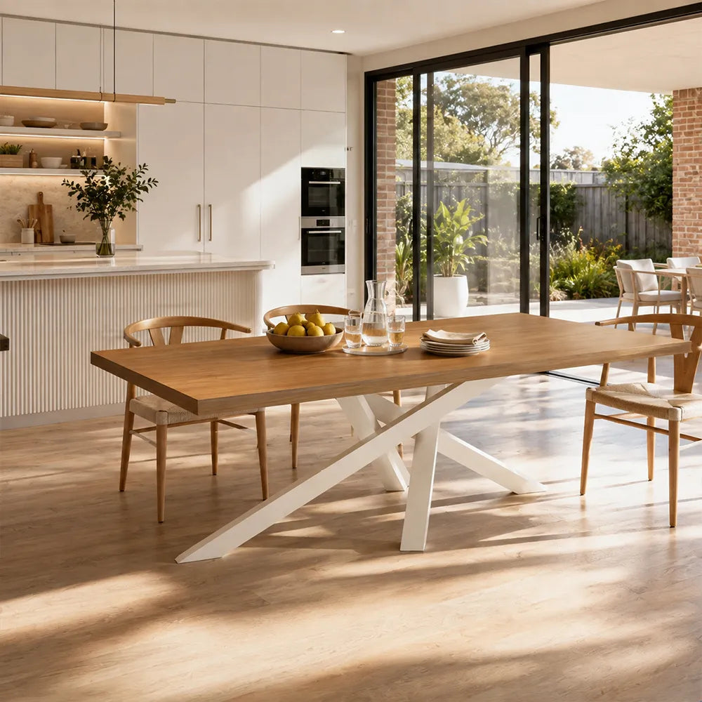 LIVARA Modern Rectangular Solid Wood Dining Table Thick Top Crossed Metal Legs 160x70x75cm for Dining Room Office - Walnut & White
