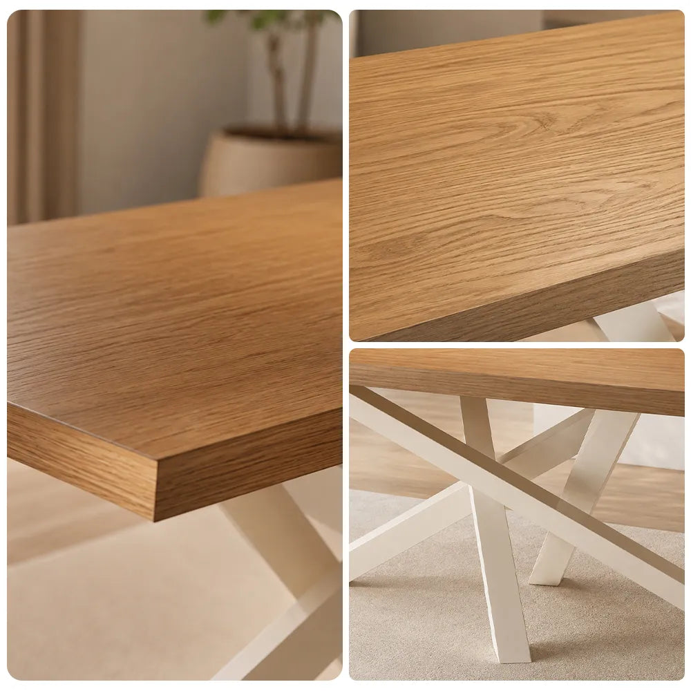 LIVARA Modern Rectangular Solid Wood Dining Table Thick Top Crossed Metal Legs 160x70x75cm for Dining Room Office - Walnut & White