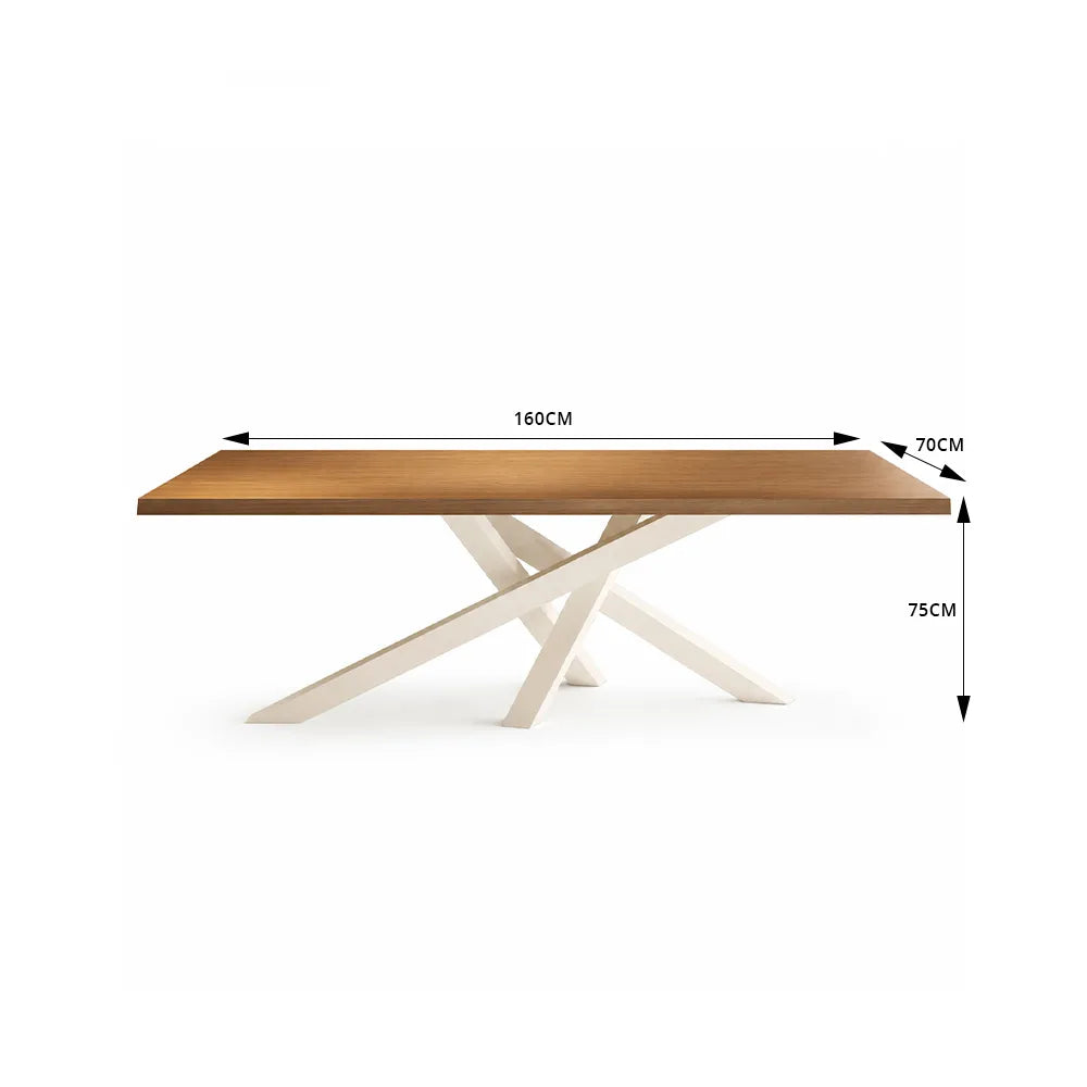LIVARA Modern Rectangular Solid Wood Dining Table Thick Top Crossed Metal Legs 160x70x75cm for Dining Room Office - Walnut & White