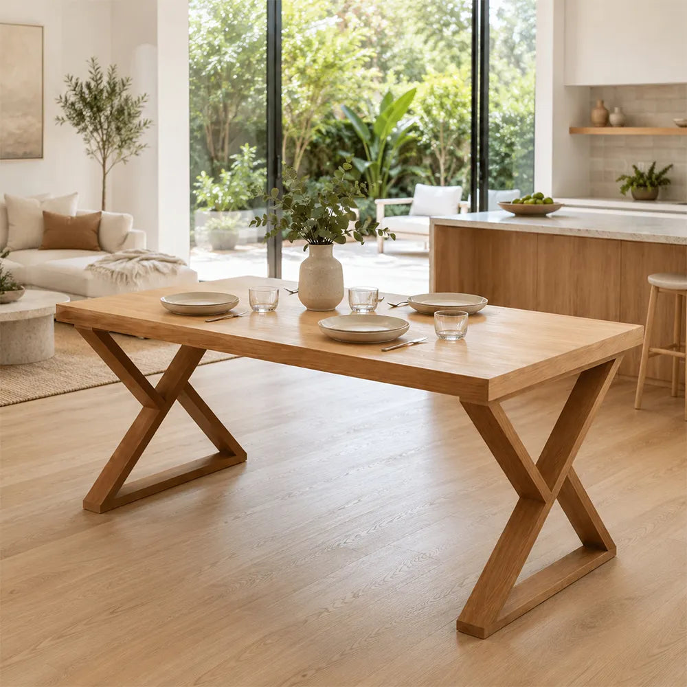 LIVARA Rectangular Solid Rubberwood Desk 40mm Thick Top X-Shaped Wooden Legs 160x80cm for Home Office - Natural Wood