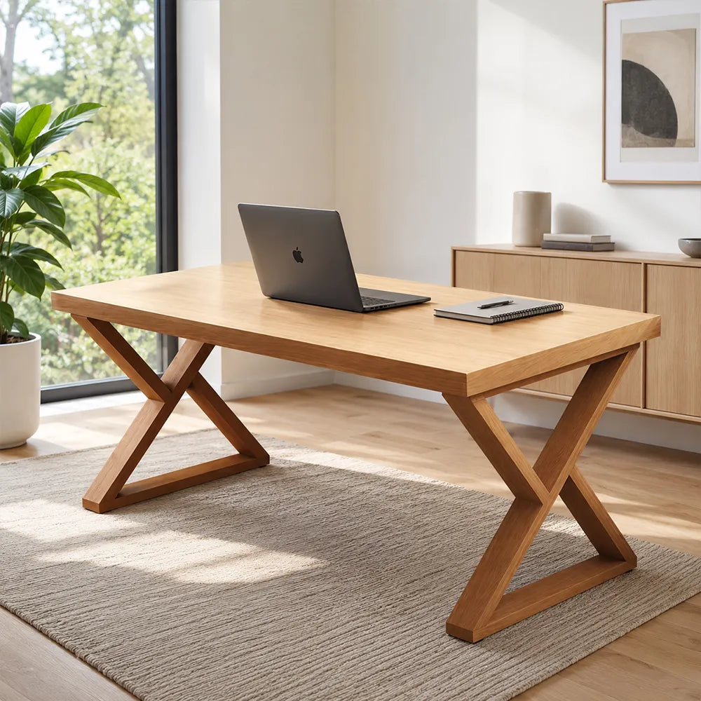 LIVARA Rectangular Solid Rubberwood Desk 40mm Thick Top X-Shaped Wooden Legs 160x80cm for Home Office - Natural Wood