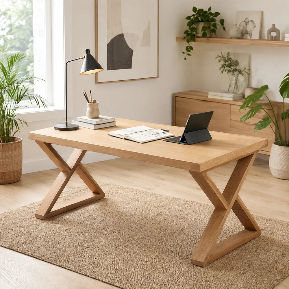 LIVARA Rectangular Solid Rubberwood Desk 40mm Thick Top X-Shaped Wooden Legs 160x80cm for Home Office - Natural Wood