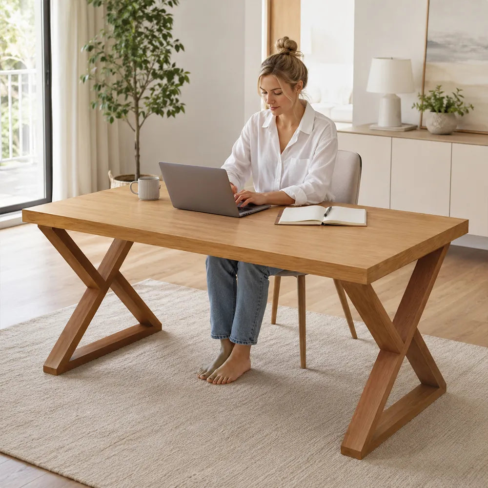 LIVARA Rectangular Solid Rubberwood Desk 40mm Thick Top X-Shaped Wooden Legs 160x80cm for Home Office - Natural Wood