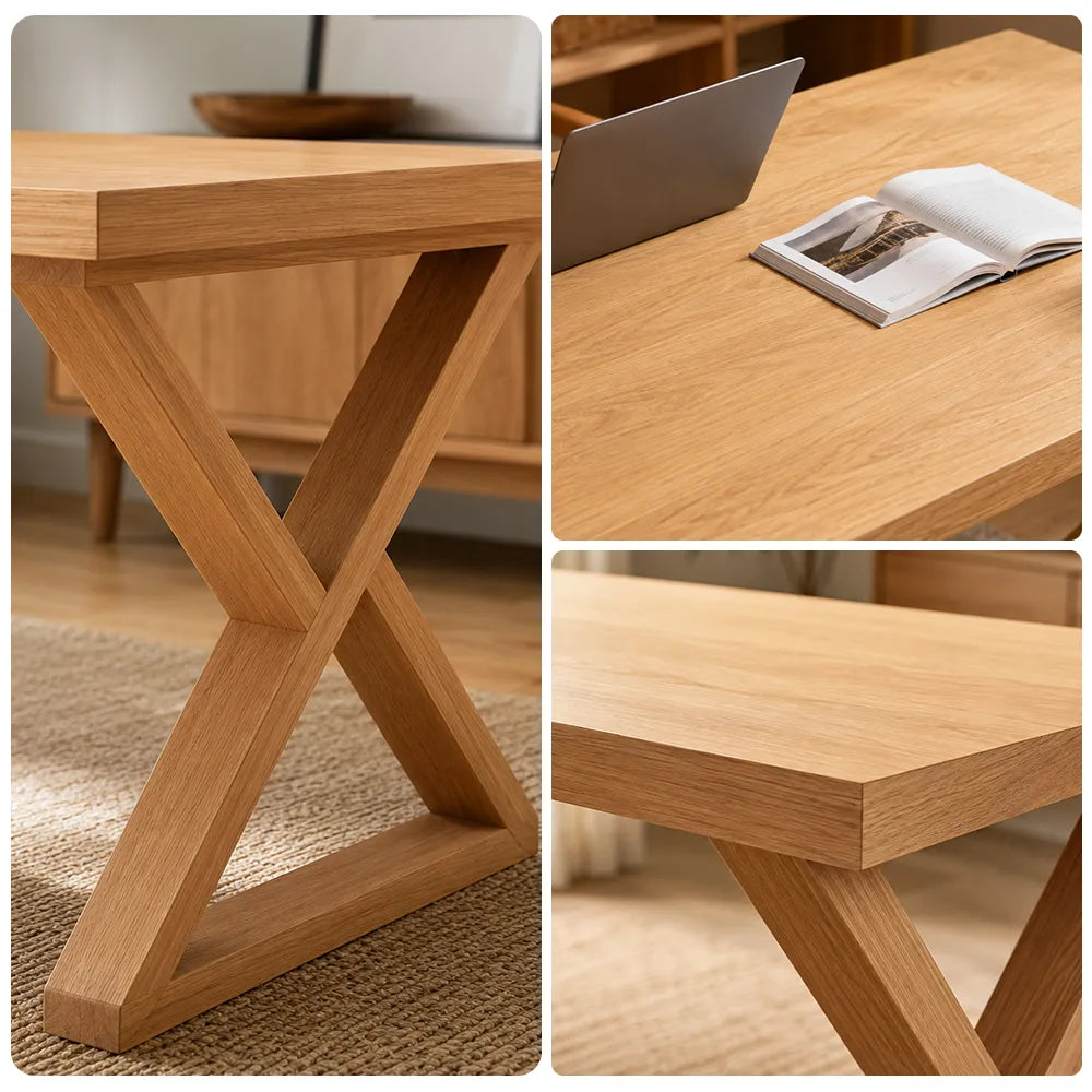 LIVARA Rectangular Solid Rubberwood Desk 40mm Thick Top X-Shaped Wooden Legs 160x80cm for Home Office - Natural Wood