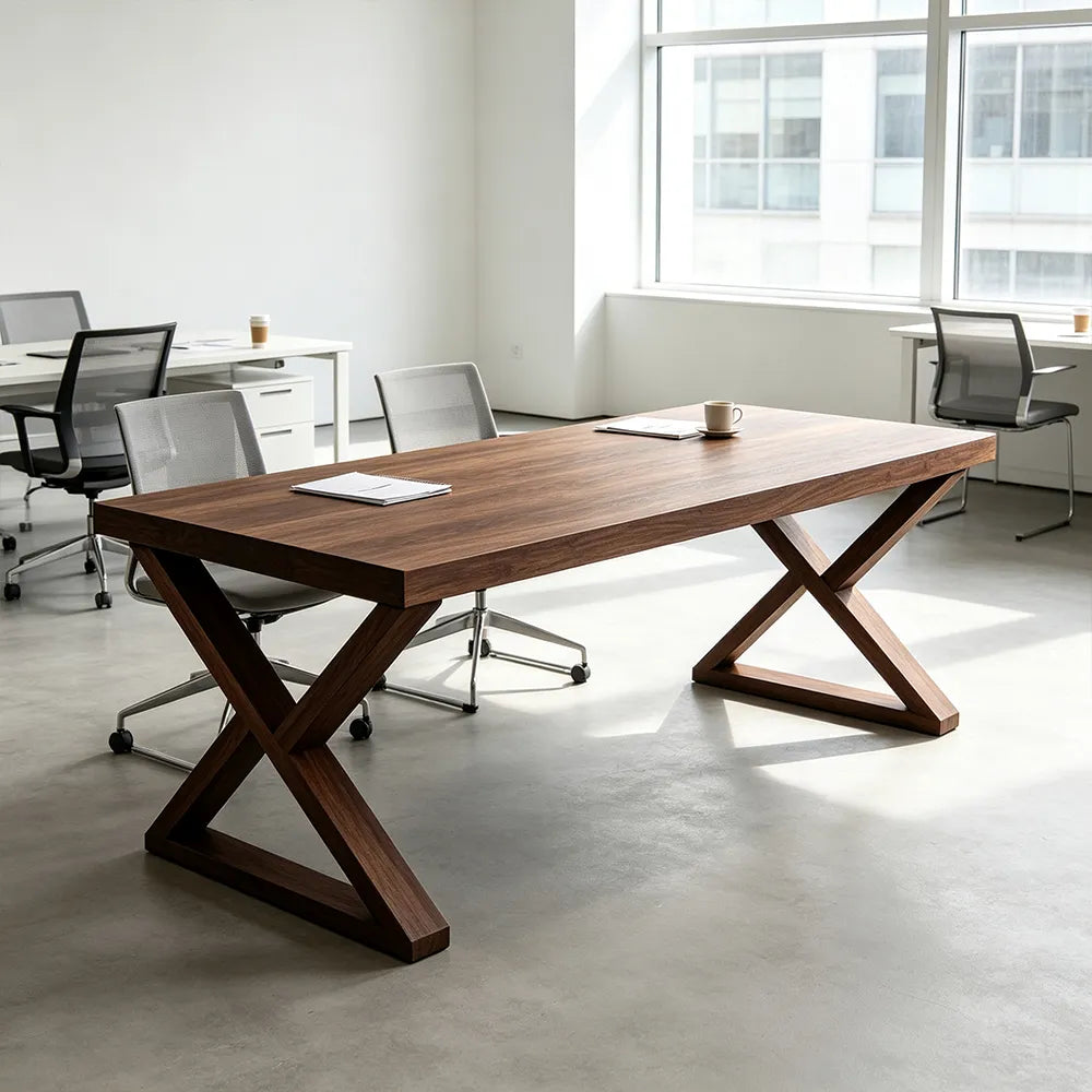 LIVARA Rectangular Solid Rubberwood Desk 40mm Thick Top X-Shaped Wooden Legs 160x80cm for Home Office - Walnut