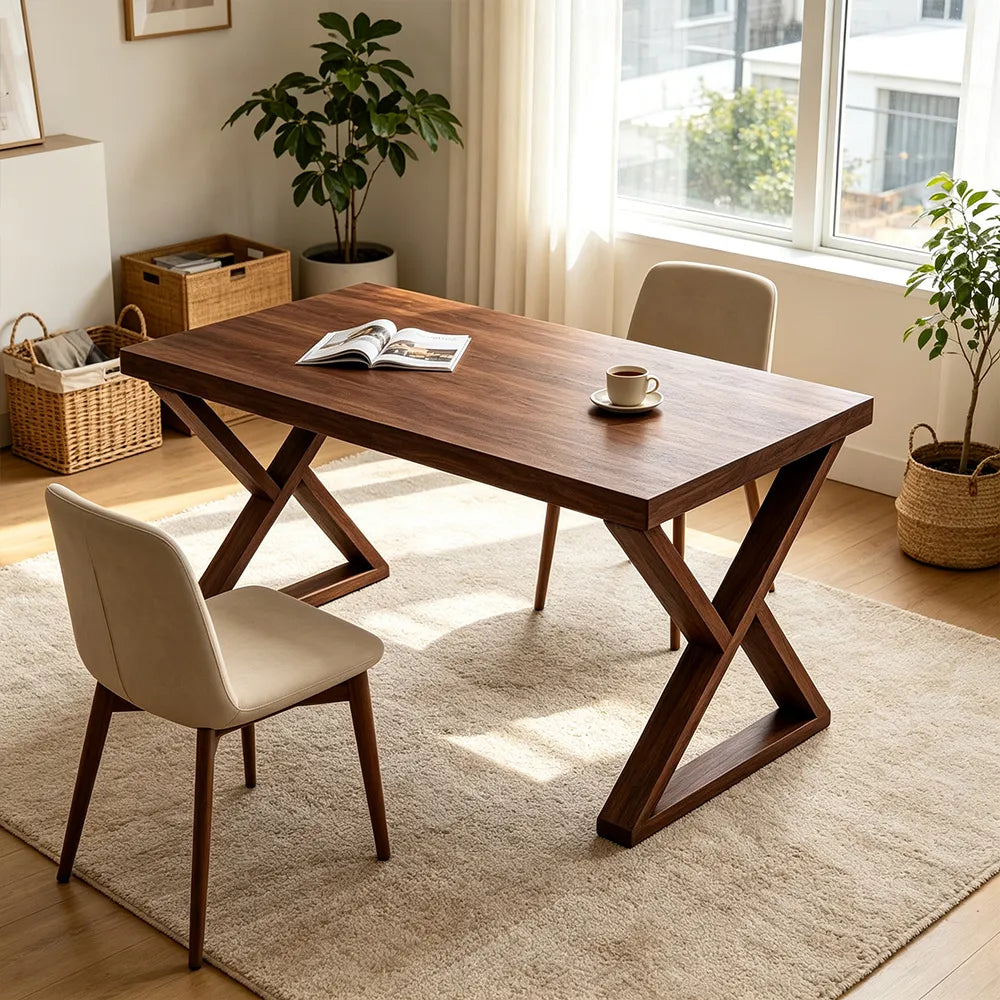 LIVARA Rectangular Solid Rubberwood Desk 40mm Thick Top X-Shaped Wooden Legs 160x80cm for Home Office - Walnut
