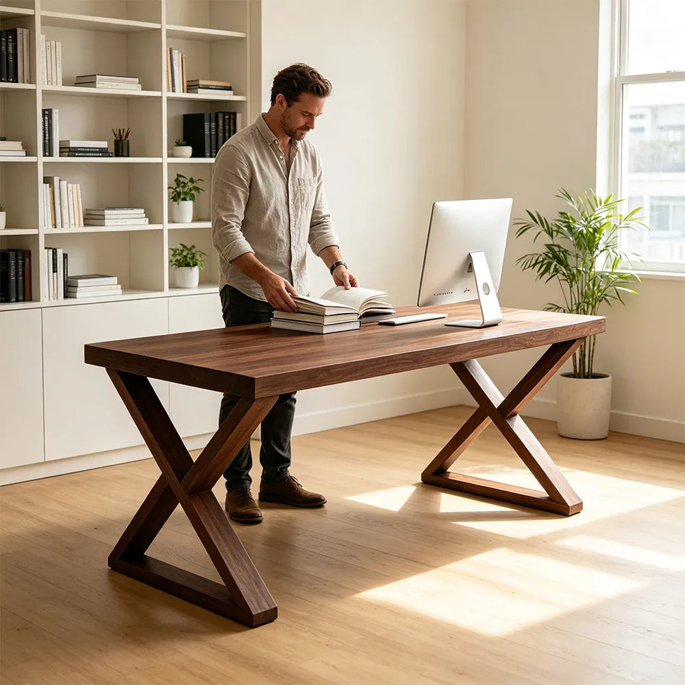 LIVARA Rectangular Solid Rubberwood Desk 40mm Thick Top X-Shaped Wooden Legs 160x80cm for Home Office - Walnut