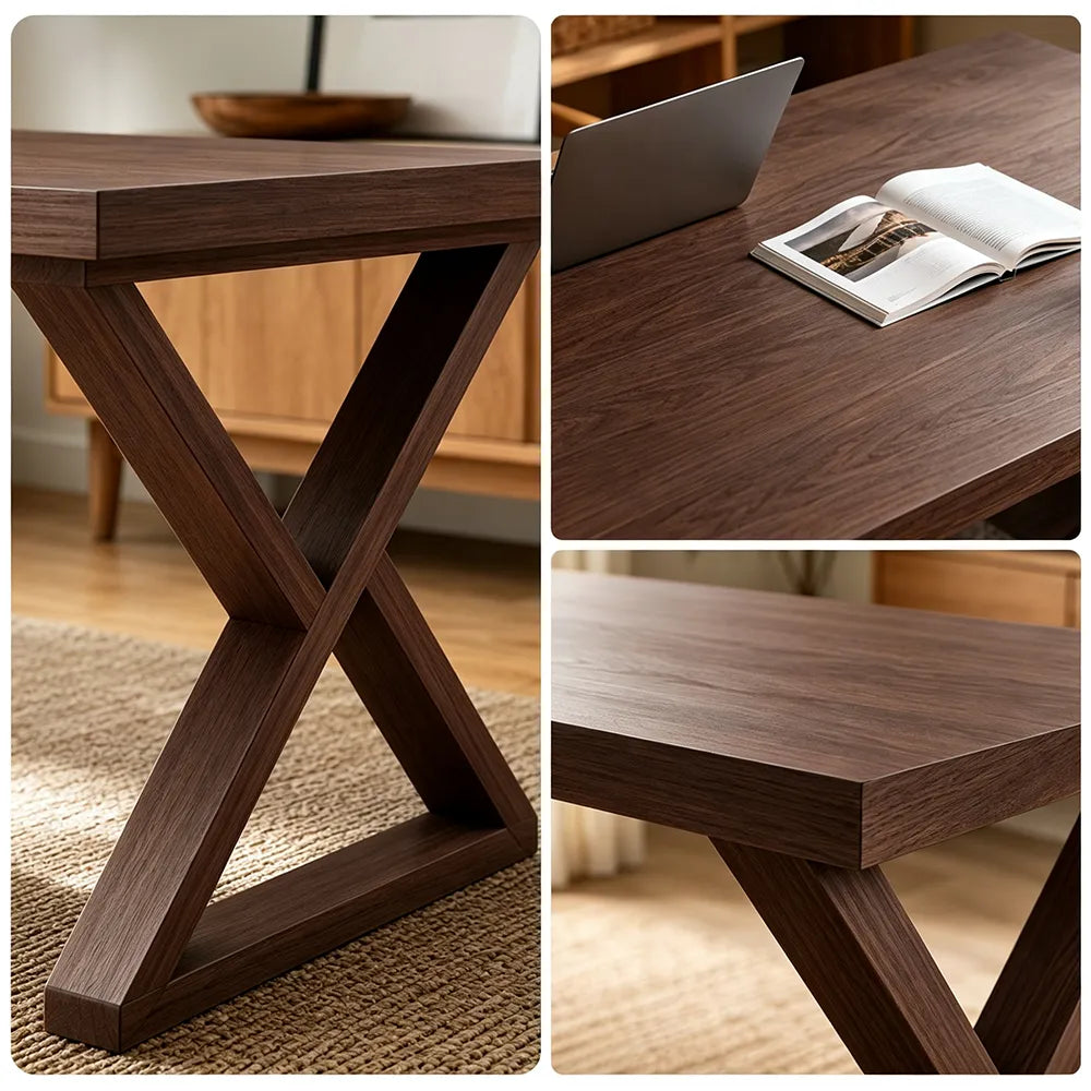 LIVARA Rectangular Solid Rubberwood Desk 40mm Thick Top X-Shaped Wooden Legs 160x80cm for Home Office - Walnut