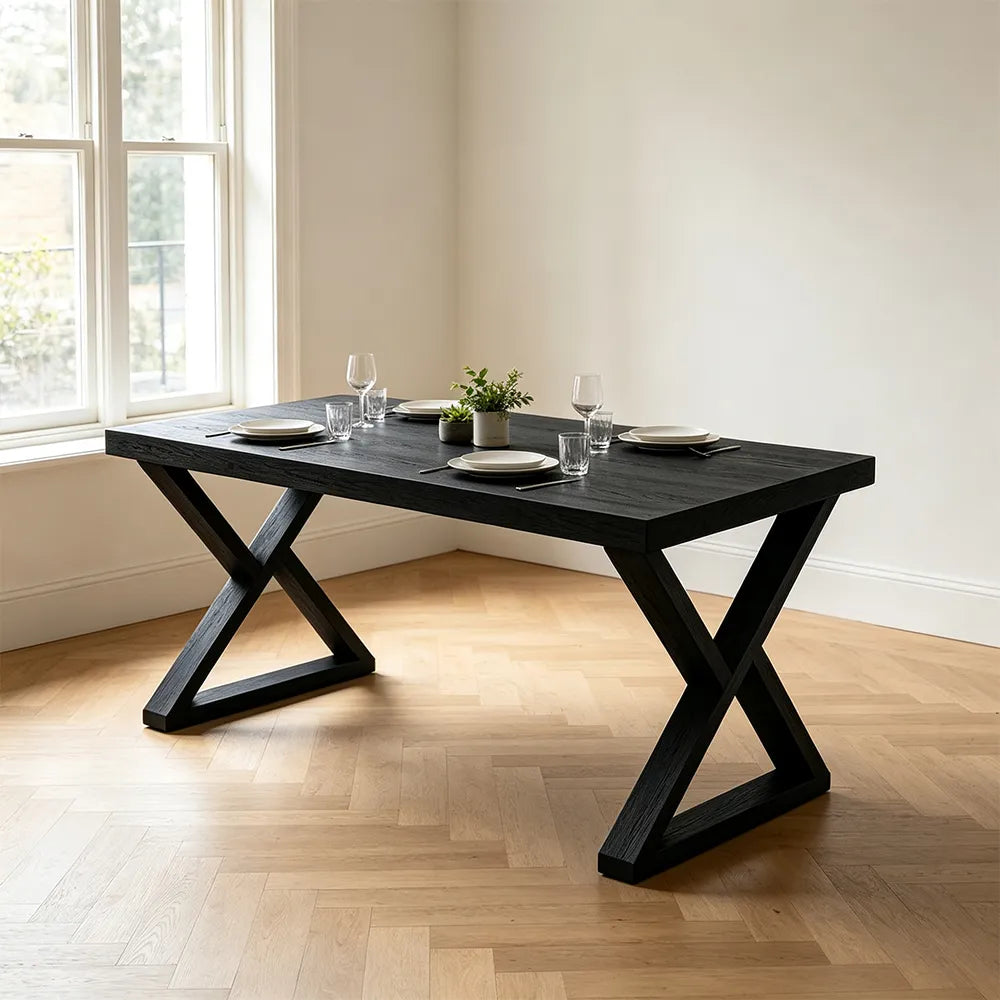 LIVARA Rectangular Solid Rubberwood Desk 40mm Thick Top X-Shaped Wooden Legs 160x80cm for Home Office - Black