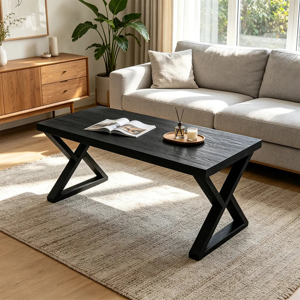 LIVARA Rectangular Solid Rubberwood Desk 40mm Thick Top X-Shaped Wooden Legs 160x80cm for Home Office - Black