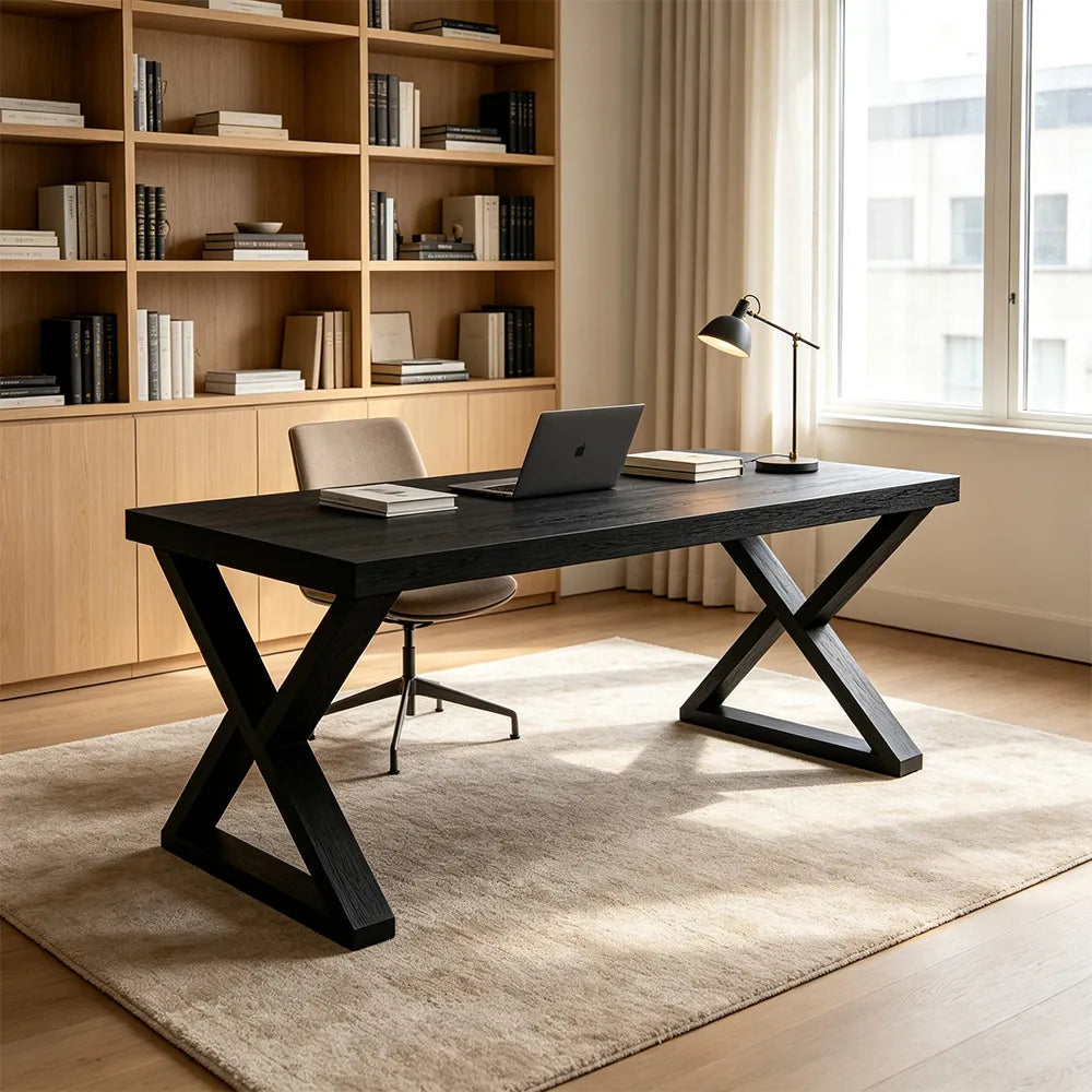 LIVARA Rectangular Solid Rubberwood Desk 40mm Thick Top X-Shaped Wooden Legs 160x80cm for Home Office - Black