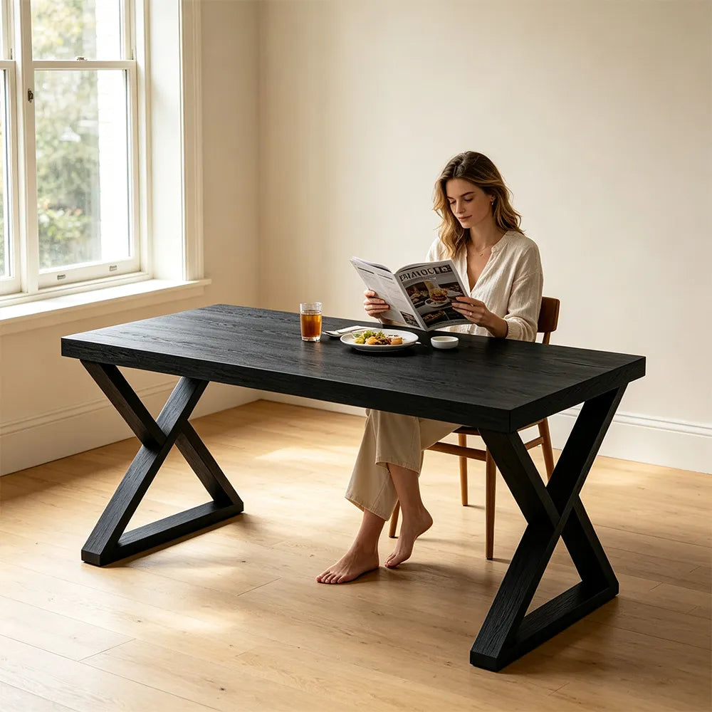 LIVARA Rectangular Solid Rubberwood Desk 40mm Thick Top X-Shaped Wooden Legs 160x80cm for Home Office - Black