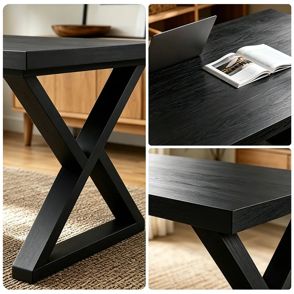 LIVARA Rectangular Solid Rubberwood Desk 40mm Thick Top X-Shaped Wooden Legs 160x80cm for Home Office - Black