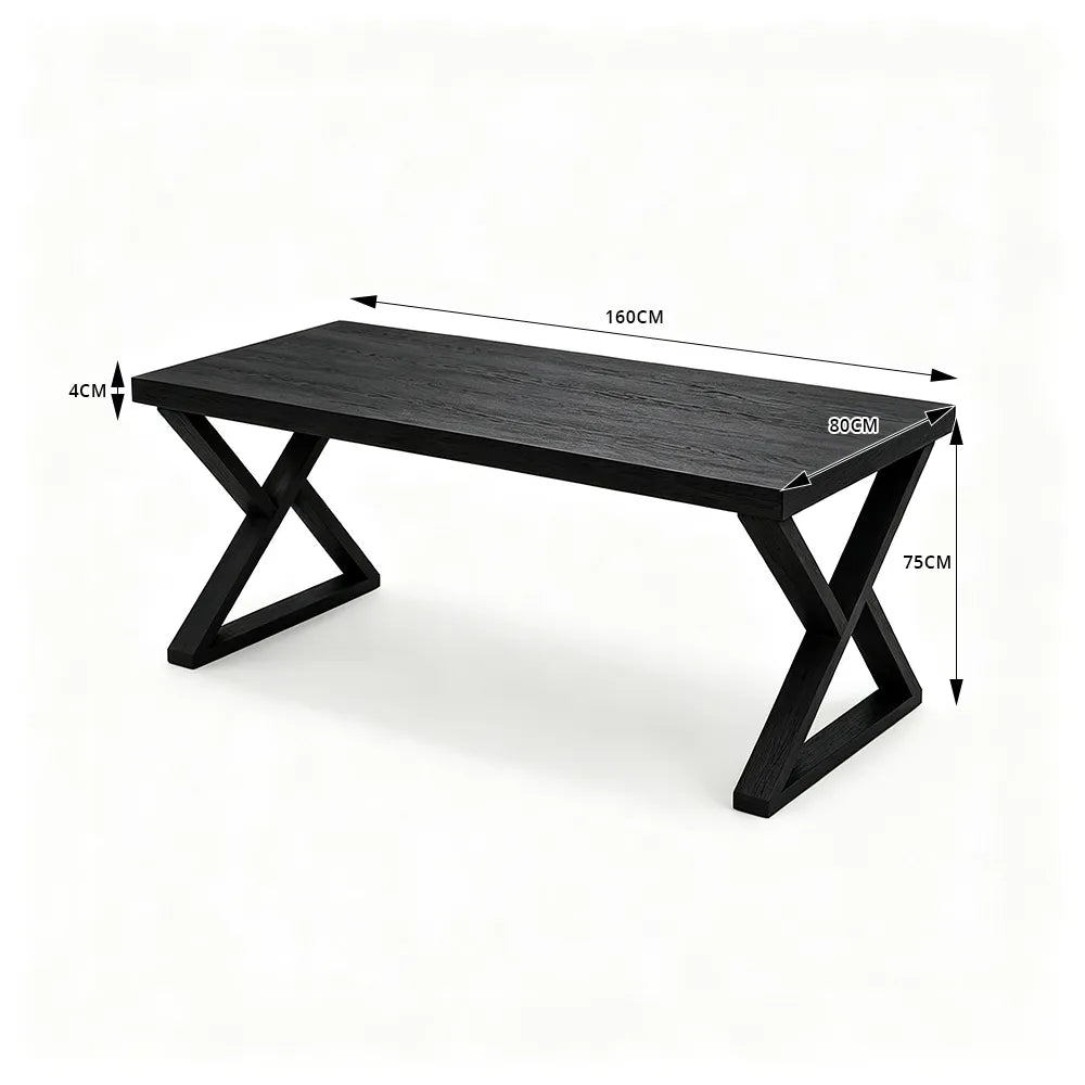 LIVARA Rectangular Solid Rubberwood Desk 40mm Thick Top X-Shaped Wooden Legs 160x80cm for Home Office - Black