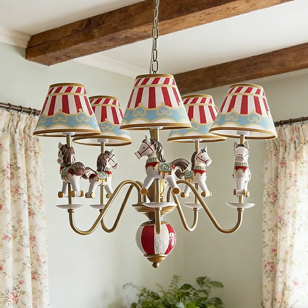 LIVARA Vintage Chandelier Playground Horse Design LED Bulb Included Fabric Shade Elegant Style for Bedroom Dining Living Room