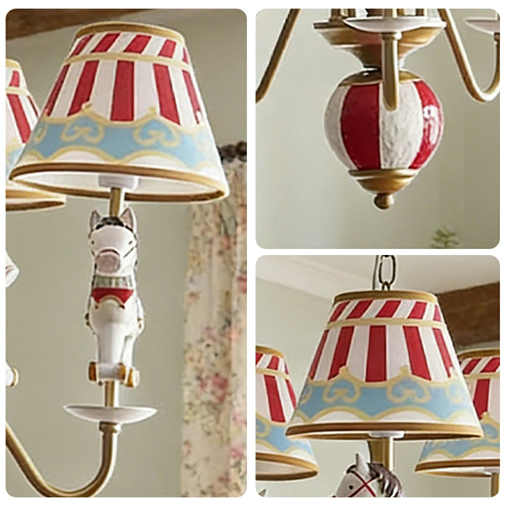LIVARA Vintage Chandelier Playground Horse Design LED Bulb Included Fabric Shade Elegant Style for Bedroom Dining Living Room