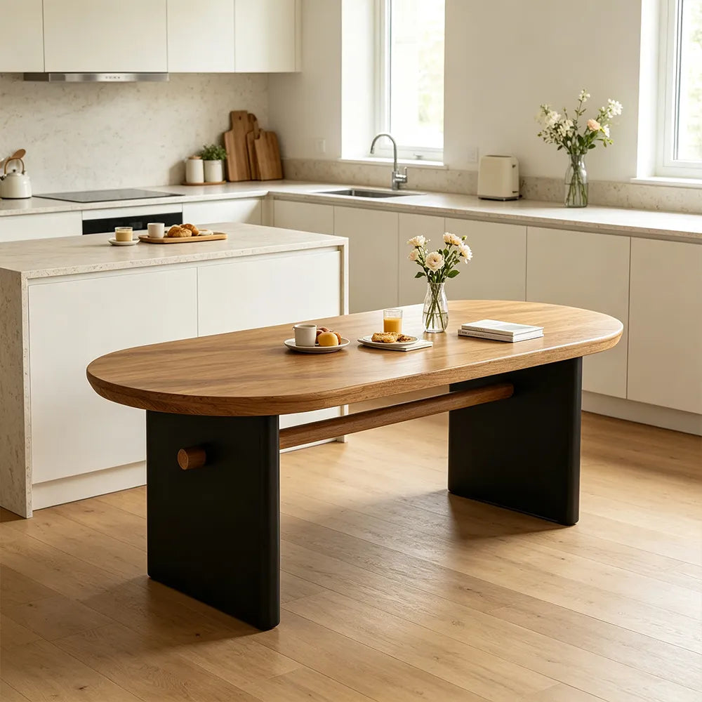 LIVARA Modern Rectangular Solid Wood Dining Table 50mm Thick Rounded Top Black Panel Legs Crossbar Support 160x70cm for Dining Room - Natural Wood & Black
