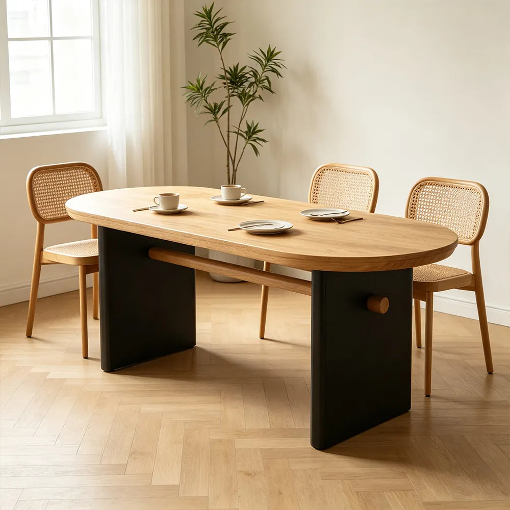 LIVARA Modern Rectangular Solid Wood Dining Table 50mm Thick Rounded Top Black Panel Legs Crossbar Support 160x70cm for Dining Room - Natural Wood & Black