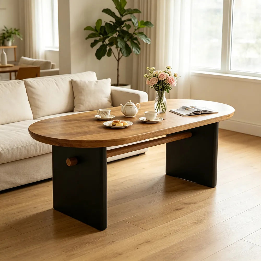 LIVARA Modern Rectangular Solid Wood Dining Table 50mm Thick Rounded Top Black Panel Legs Crossbar Support 160x70cm for Dining Room - Natural Wood & Black