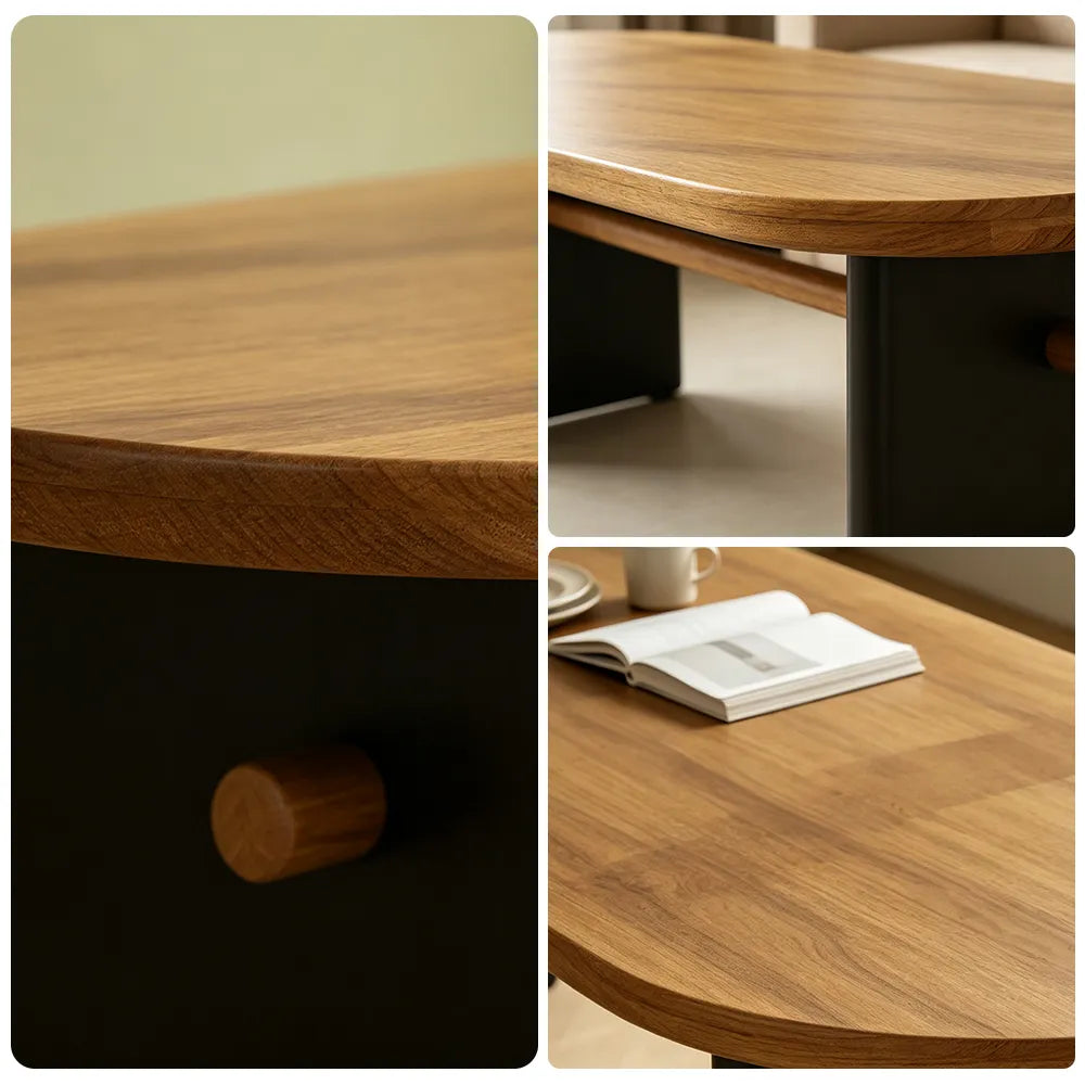 LIVARA Modern Rectangular Solid Wood Dining Table 50mm Thick Rounded Top Black Panel Legs Crossbar Support 160x70cm for Dining Room - Natural Wood & Black