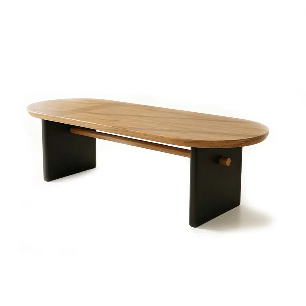 LIVARA Modern Rectangular Solid Wood Dining Table 50mm Thick Rounded Top Black Panel Legs Crossbar Support 160x70cm for Dining Room - Natural Wood & Black