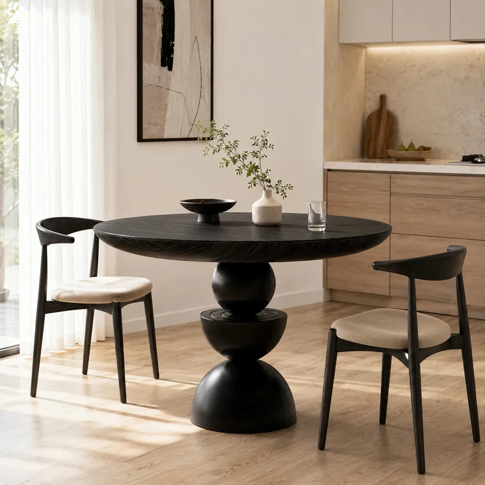 LIVARA Modern Round Solid Birch Wood Dining Table 50mm Thick Top Sculptural Triple Sphere Pedestal Base 120/130cm for Dining Room - Black