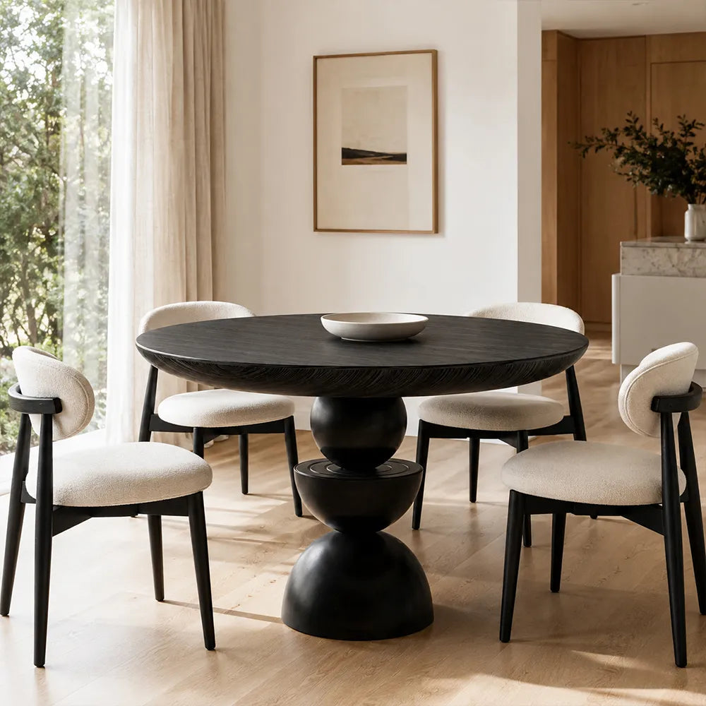 LIVARA Modern Round Solid Birch Wood Dining Table 50mm Thick Top Sculptural Triple Sphere Pedestal Base 120/130cm for Dining Room - Black