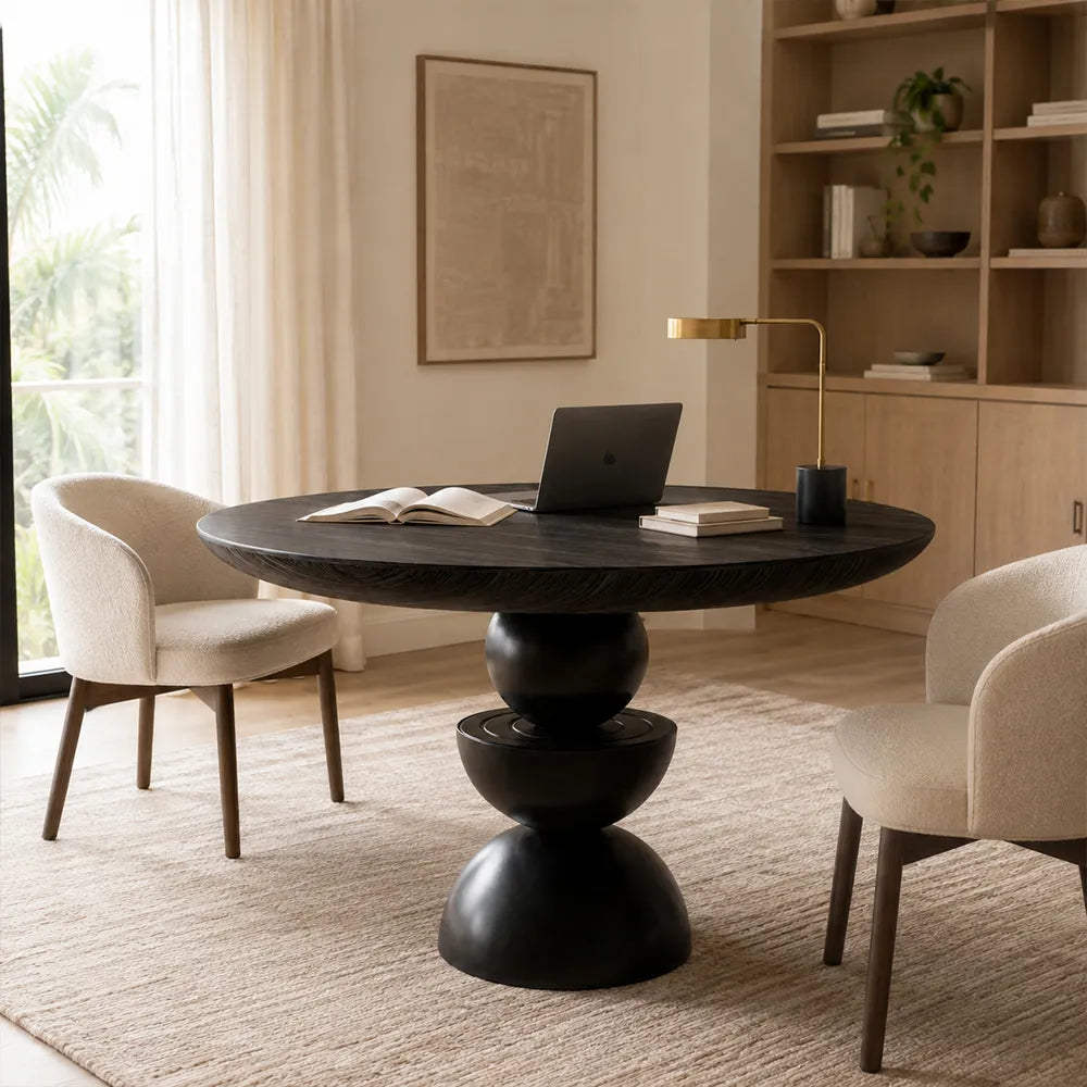 LIVARA Modern Round Solid Birch Wood Dining Table 50mm Thick Top Sculptural Triple Sphere Pedestal Base 120/130cm for Dining Room - Black