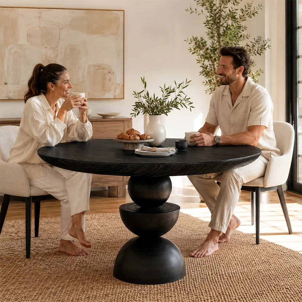 LIVARA Modern Round Solid Birch Wood Dining Table 50mm Thick Top Sculptural Triple Sphere Pedestal Base 120/130cm for Dining Room - Black