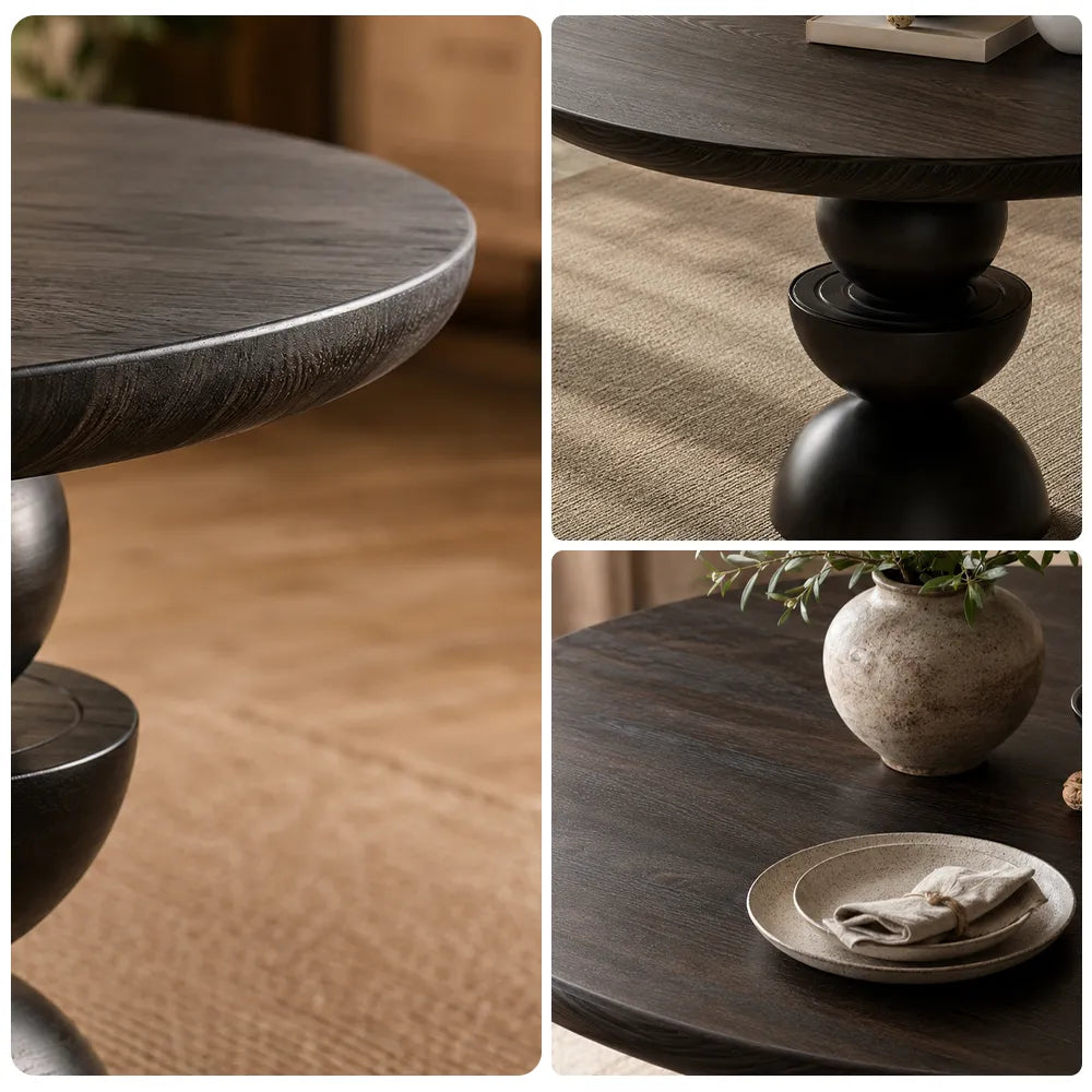 LIVARA Modern Round Solid Birch Wood Dining Table 50mm Thick Top Sculptural Triple Sphere Pedestal Base 120/130cm for Dining Room - Black