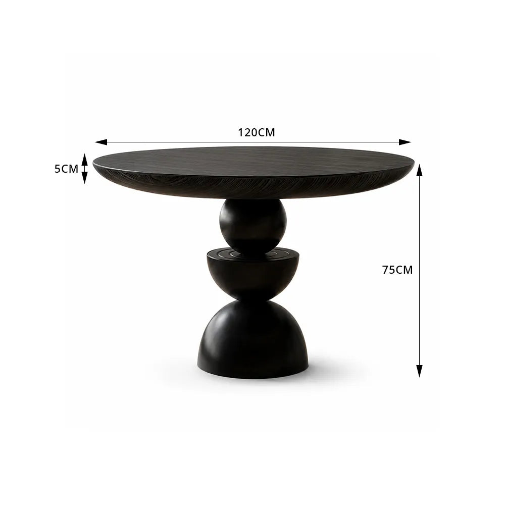 LIVARA Modern Round Solid Birch Wood Dining Table 50mm Thick Top Sculptural Triple Sphere Pedestal Base 120/130cm for Dining Room - Black