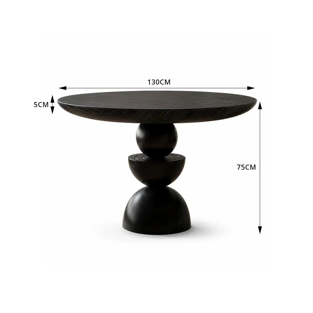 LIVARA Modern Round Solid Birch Wood Dining Table 50mm Thick Top Sculptural Triple Sphere Pedestal Base 120/130cm for Dining Room - Black