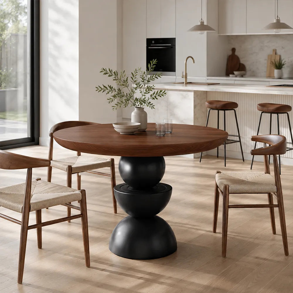 LIVARA Modern Round Solid Birch Wood Dining Table 50mm Thick Top Sculptural Triple Sphere Pedestal Base 120/130cm for Dining Room - Walnut & Black