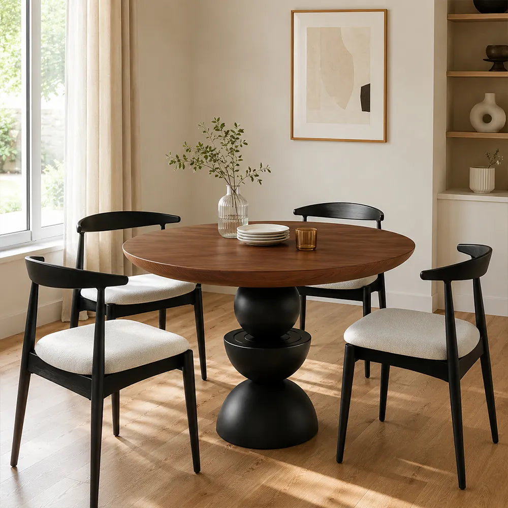LIVARA Modern Round Solid Birch Wood Dining Table 50mm Thick Top Sculptural Triple Sphere Pedestal Base 120/130cm for Dining Room - Walnut & Black