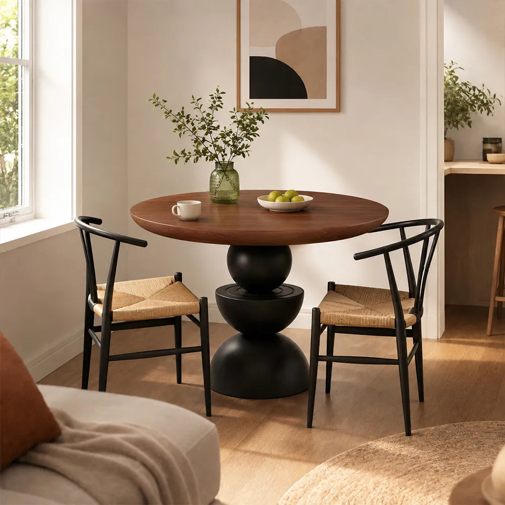 LIVARA Modern Round Solid Birch Wood Dining Table 50mm Thick Top Sculptural Triple Sphere Pedestal Base 120/130cm for Dining Room - Walnut & Black