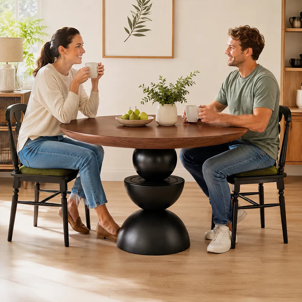 LIVARA Modern Round Solid Birch Wood Dining Table 50mm Thick Top Sculptural Triple Sphere Pedestal Base 120/130cm for Dining Room - Walnut & Black