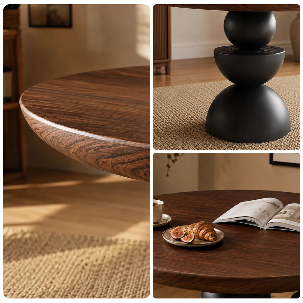 LIVARA Modern Round Solid Birch Wood Dining Table 50mm Thick Top Sculptural Triple Sphere Pedestal Base 120/130cm for Dining Room - Walnut & Black