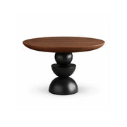 LIVARA Modern Round Solid Birch Wood Dining Table 50mm Thick Top Sculptural Triple Sphere Pedestal Base 120/130cm for Dining Room - Walnut & Black