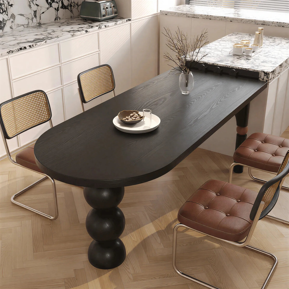 LIVARA Modern Solid Pine Wood Dining Table 45mm Thick Rounded Rectangular Top Sculptural Ball Pedestal Legs 140/160cm for Dining Room - Black