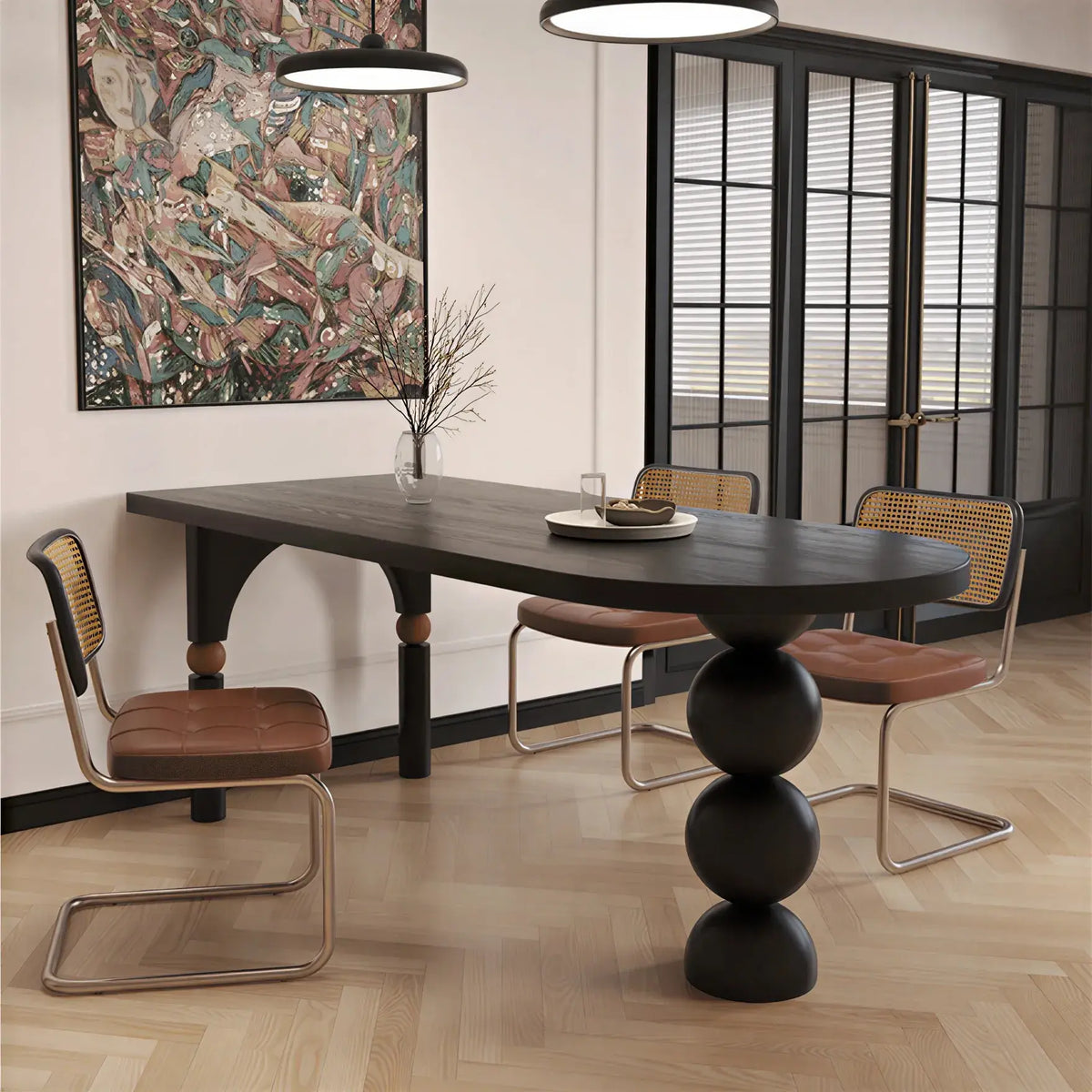 LIVARA Modern Solid Pine Wood Dining Table 45mm Thick Rounded Rectangular Top Sculptural Ball Pedestal Legs 140/160cm for Dining Room - Black