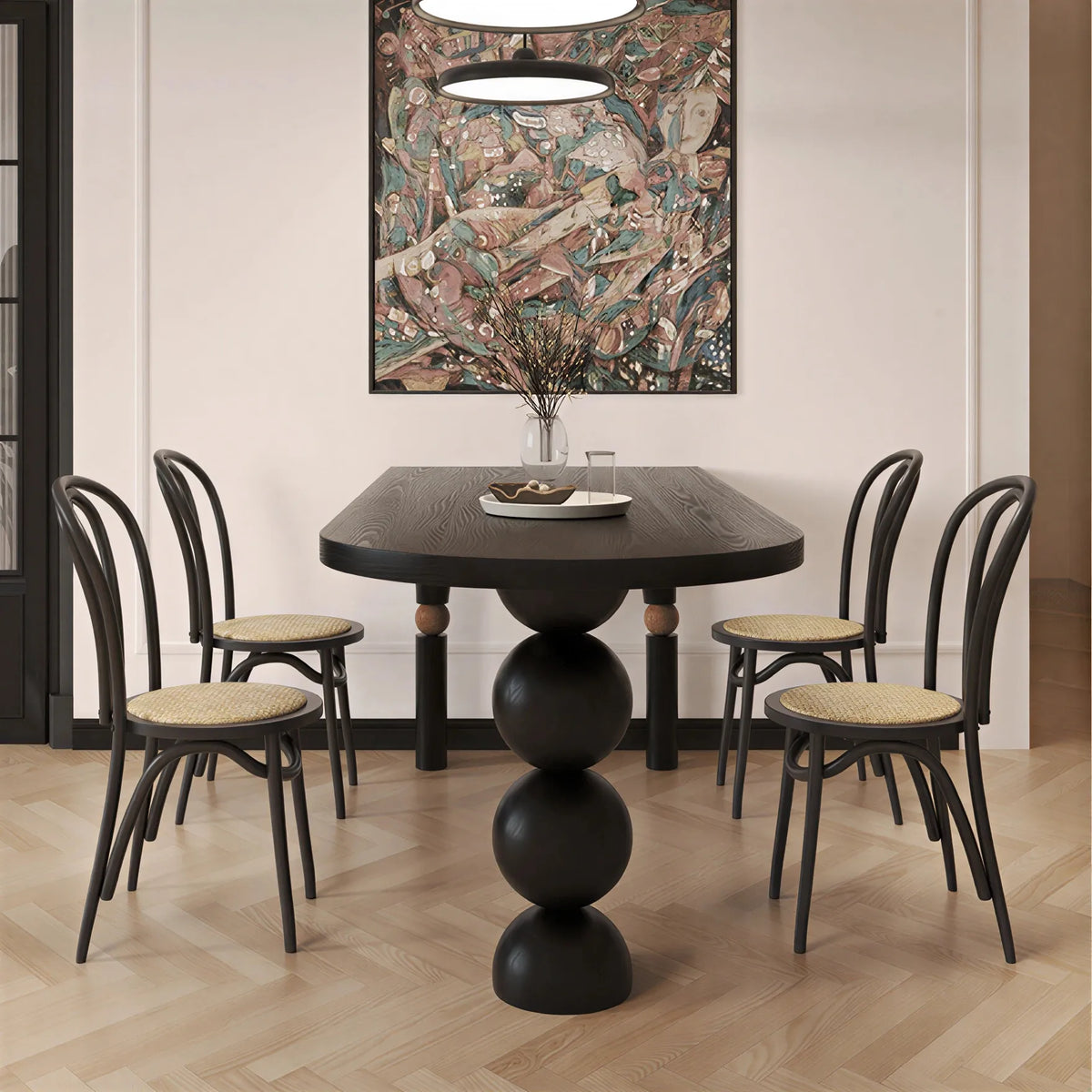 LIVARA Modern Solid Pine Wood Dining Table 45mm Thick Rounded Rectangular Top Sculptural Ball Pedestal Legs 140/160cm for Dining Room - Black
