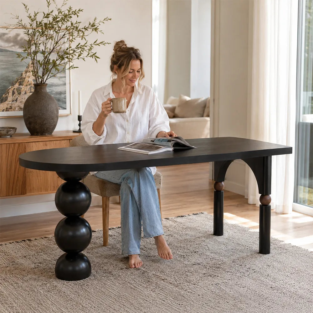 LIVARA Modern Solid Pine Wood Dining Table 45mm Thick Rounded Rectangular Top Sculptural Ball Pedestal Legs 140/160cm for Dining Room - Black