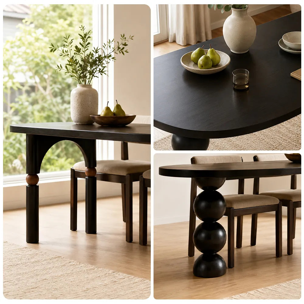 LIVARA Modern Solid Pine Wood Dining Table 45mm Thick Rounded Rectangular Top Sculptural Ball Pedestal Legs 140/160cm for Dining Room - Black