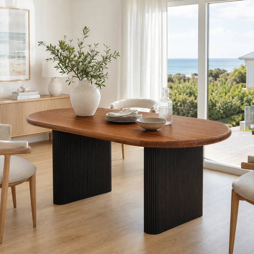 LIVARA Modern Solid Pine Wood Dining Table 50mm Thick Rounded Rectangular Top Fluted Carbon Steel Pedestal Legs 140/160cm for Dining Room - Walnut & Black