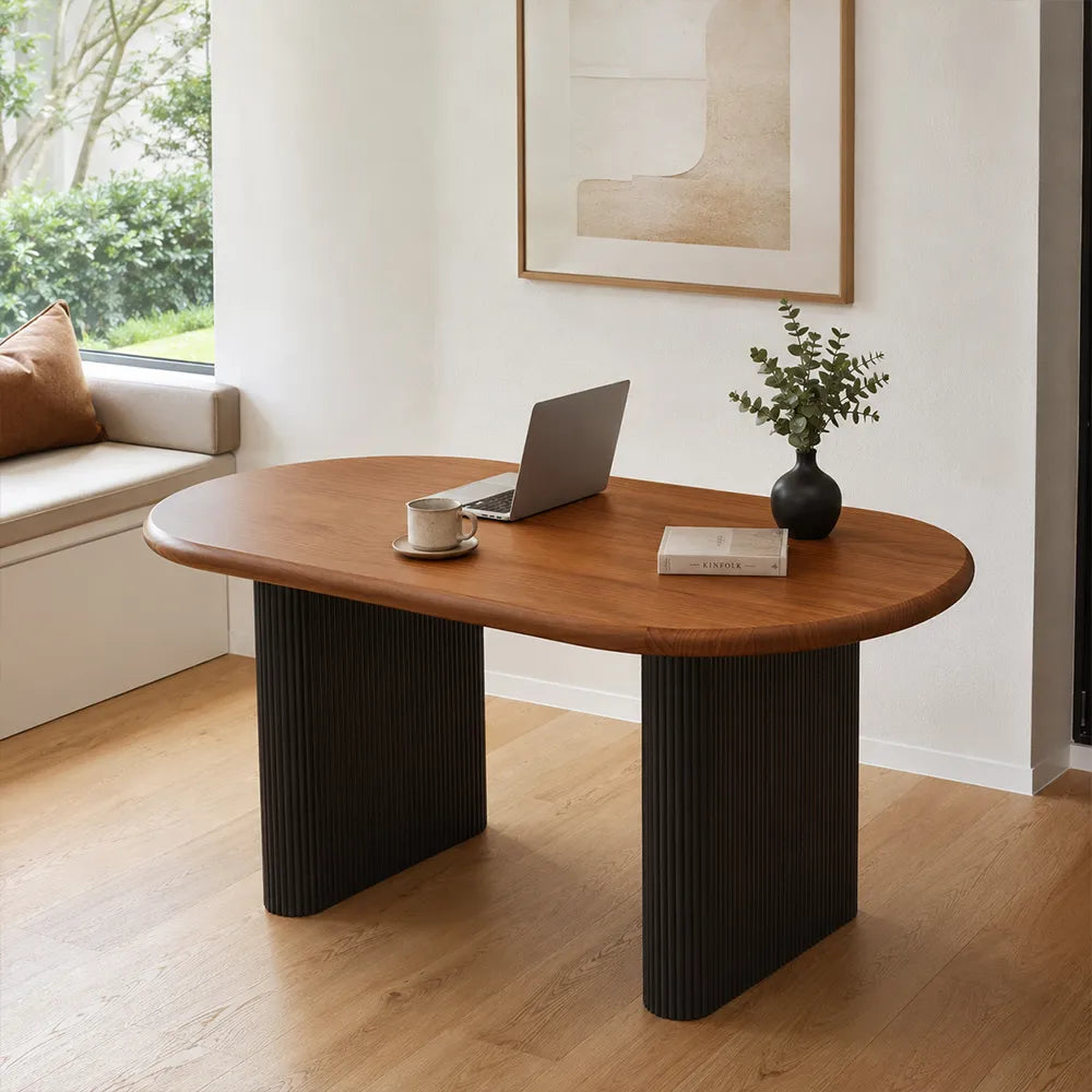 LIVARA Modern Solid Pine Wood Dining Table 50mm Thick Rounded Rectangular Top Fluted Carbon Steel Pedestal Legs 140/160cm for Dining Room - Walnut & Black
